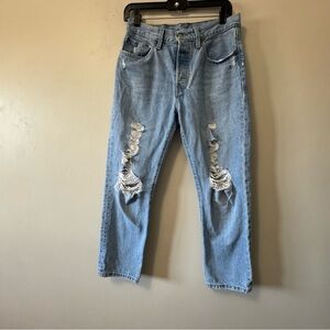 Levi's Premium 501 Cropped ButtonFly Light Blue Distressed Ankle Jeans Sz 27